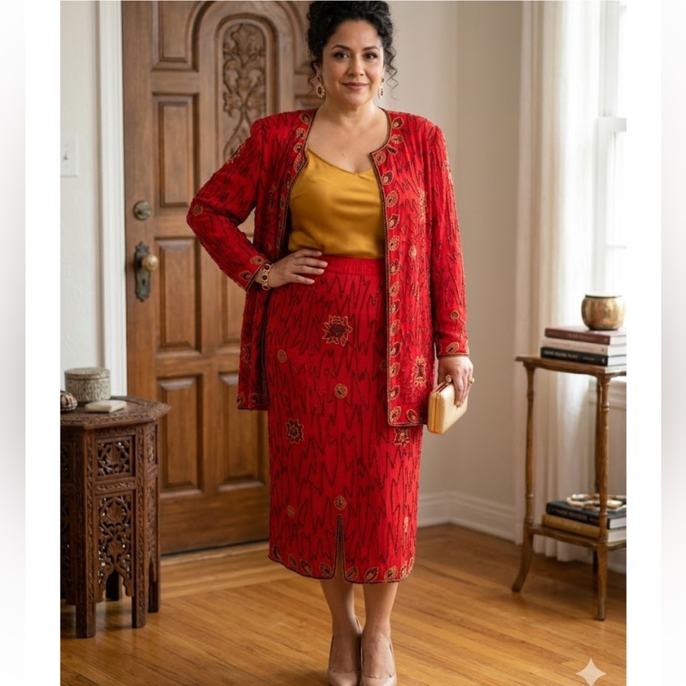 Vintage Silk beaded Sequin Studded Midi Skirt Set - Coordinated Jacket